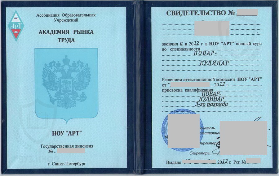 НОУ АРТ Свидетельство об окончании курсов повара-кулинара (2012 год)